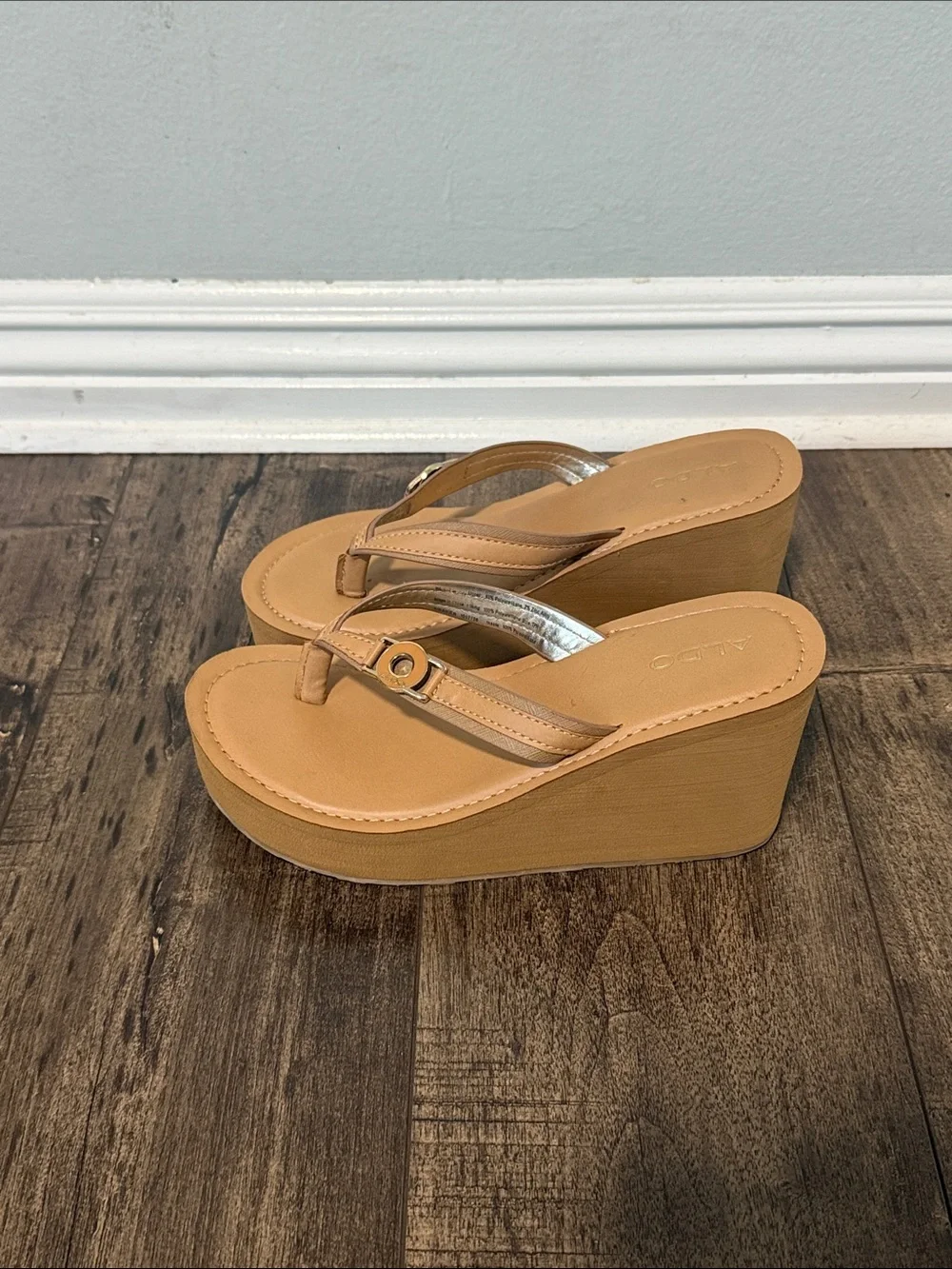 ALDO Tan Platform Wedge Thong Sandals with Metallic Accent